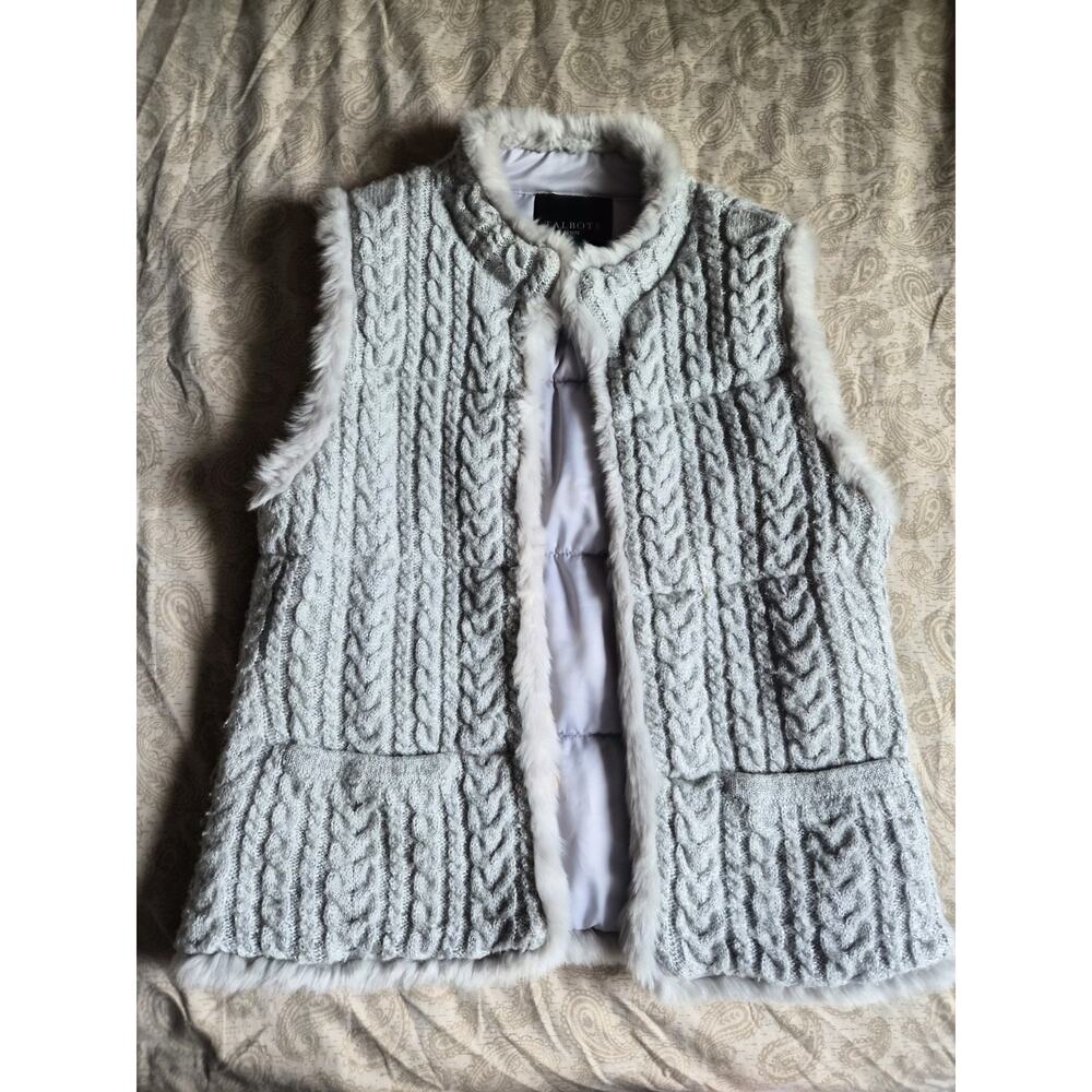 Size Petite Medium Talbots Metallic Silver Gray Fuzzy Puffer Sweater Vest NWOT